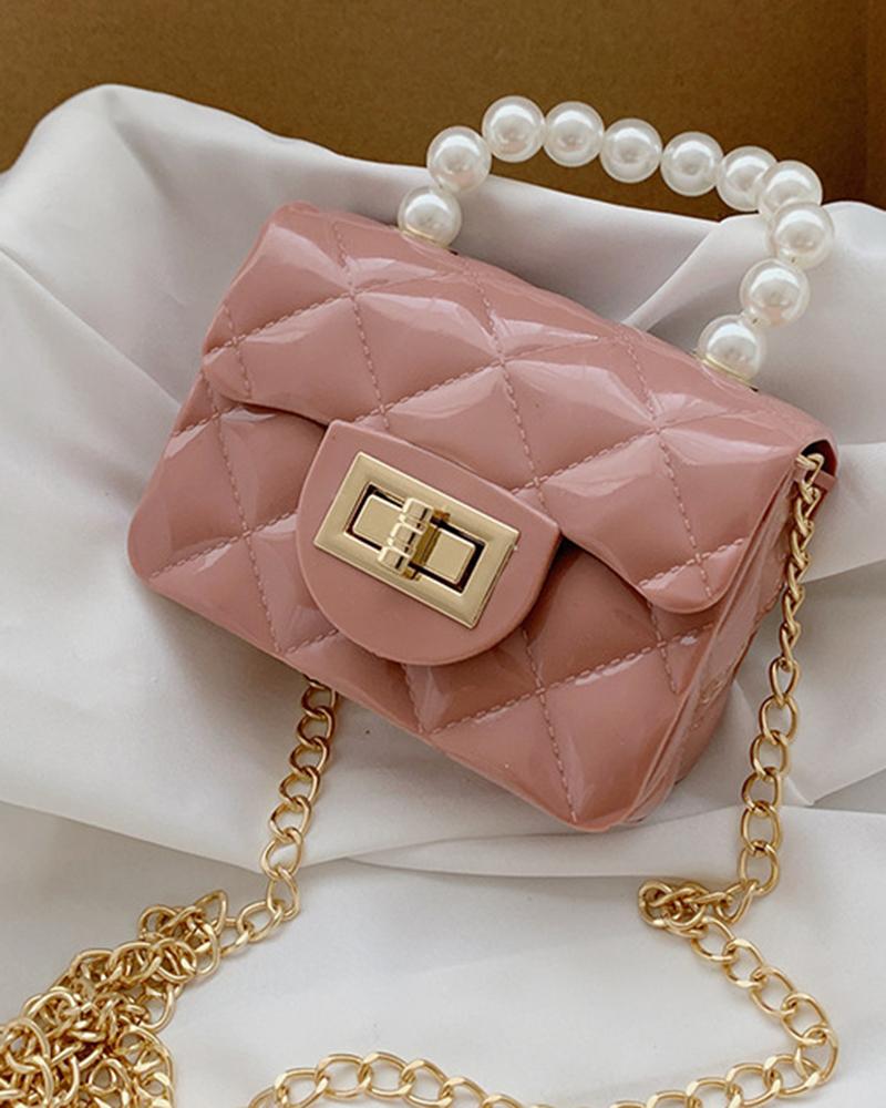

Pastel Quilted Pearls Top Handle Chain Strap Mini Change Bag, Red bean