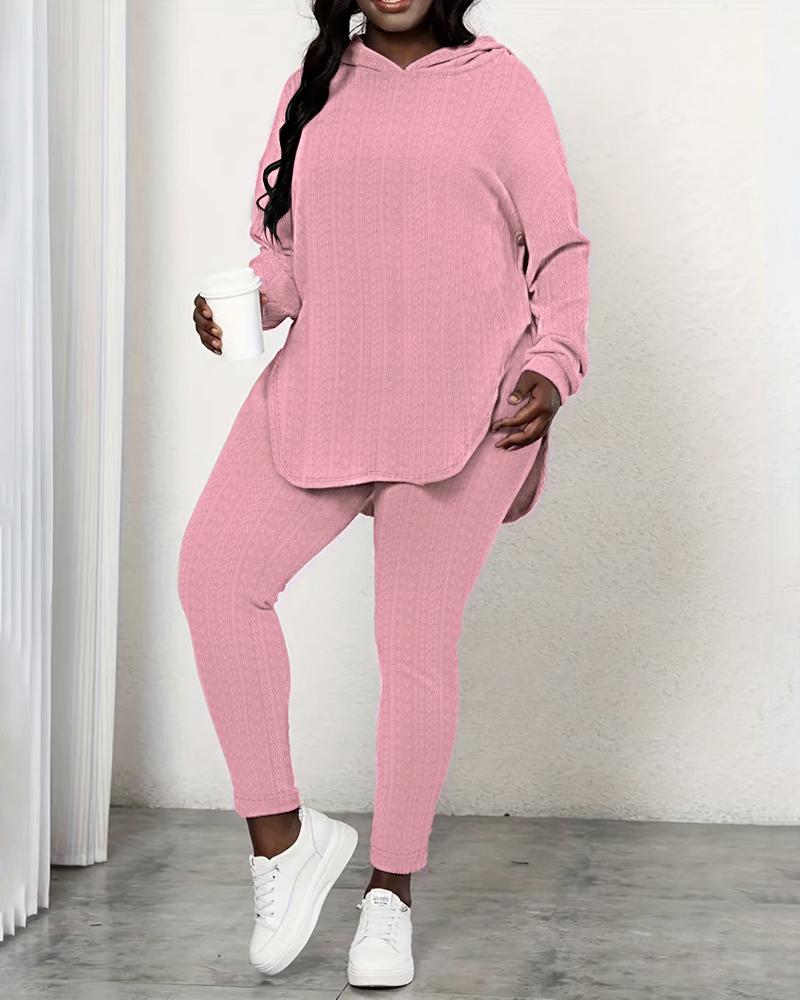 

Plus Size Hooded Slit Cable Textured Top & Pants Set, Pink