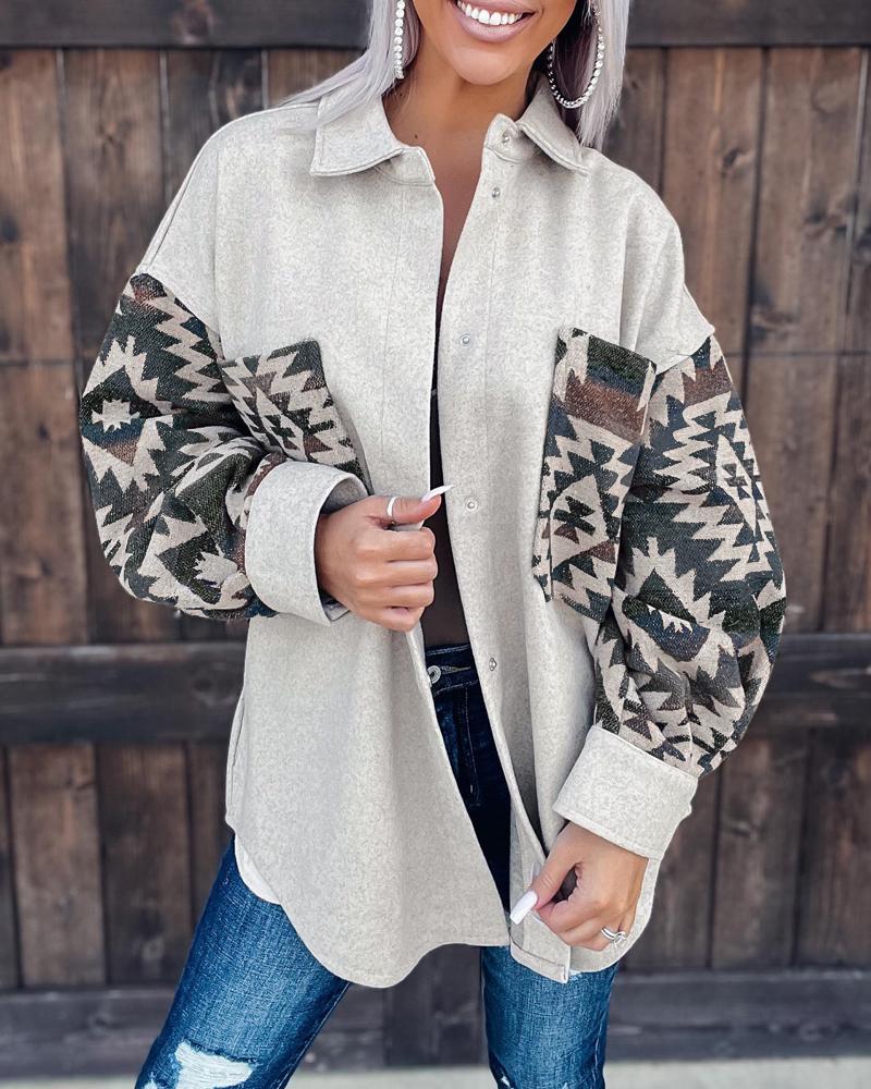 

Tribal Print Patch Pocket Long Sleeve Shacket, Light gray