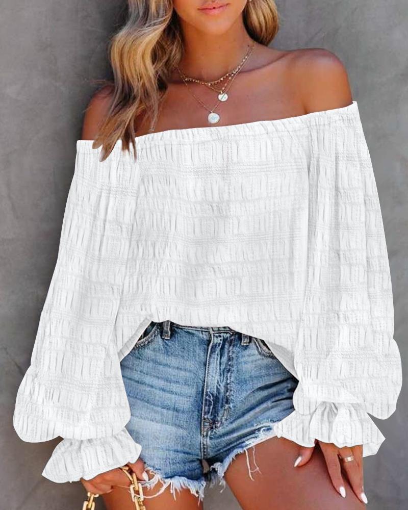 

Off Shoulder Lantern Sleeve Textured Top, White