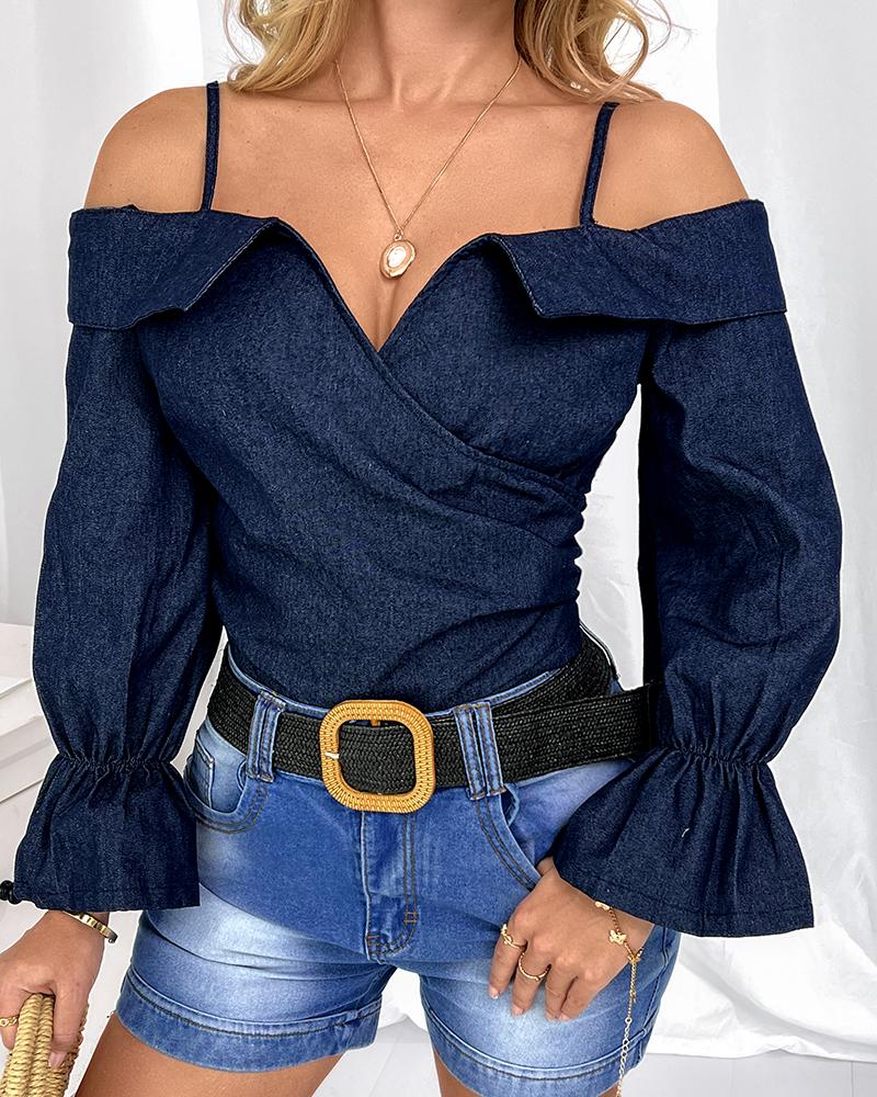 

Cold Shoulder Notch Neck Flared Sleeve Top, Blue
