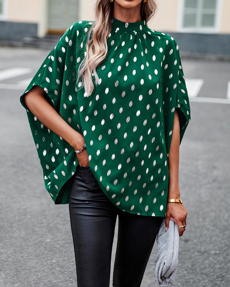 

Leaf Print Batwing Sleeve Ruched Top, Green