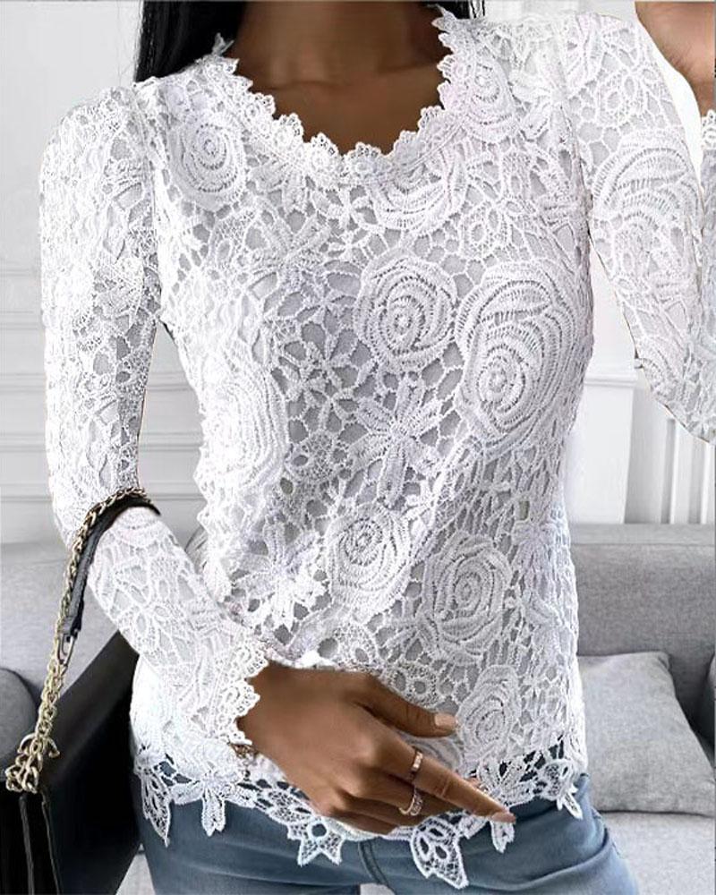 

Plain Long Sleeve Lace Top, White