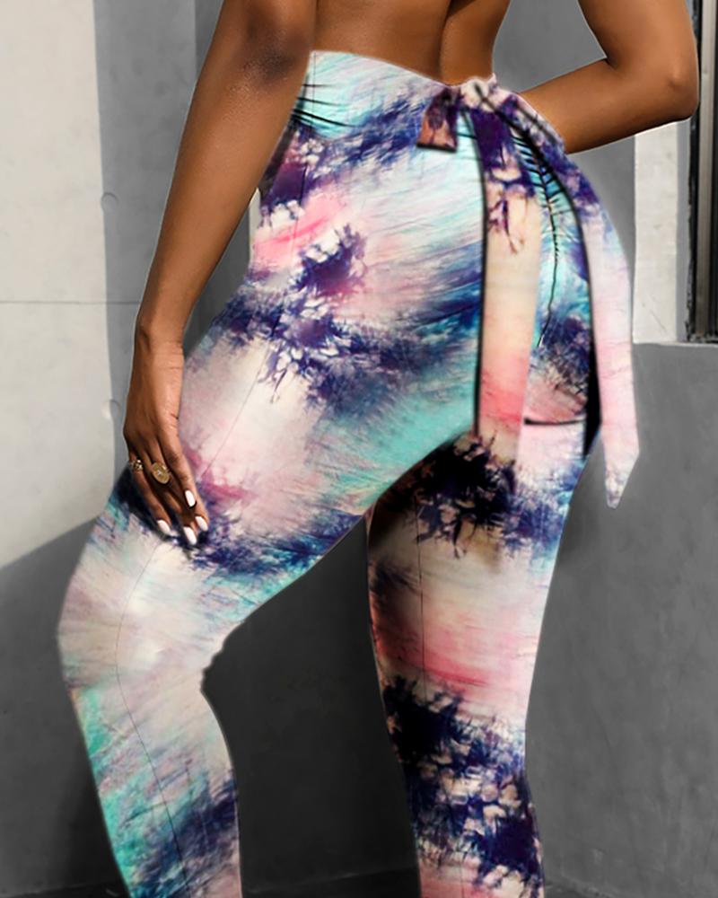 

Tie Dye Print Bowknot Scrunch Butt Leggings High Waist Lifting Yoga Pants, Multicolor