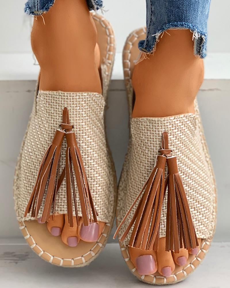 

Tassel Detail Peep Toe Flat Sandals, Khaki