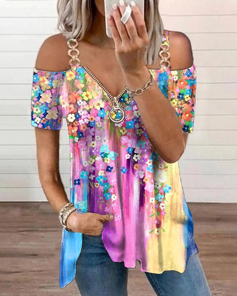 

Floral Print Cold Shoulder Zip Front Top, Multicolor