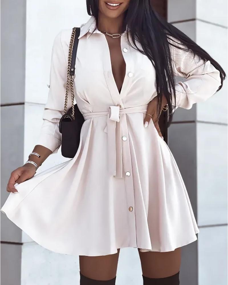 

Long Sleeve Buttoned Shirt Dress With Belt, Apricot