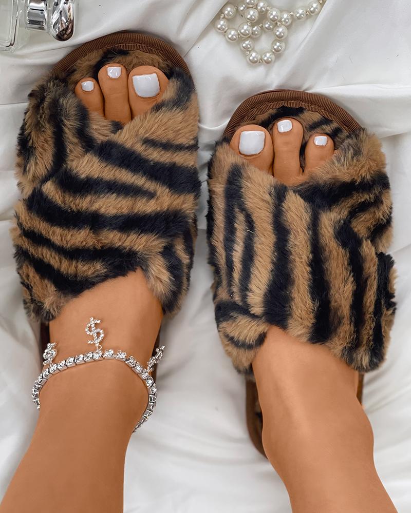 

Zebra Stripe Bandage Peep Toe Fluffy Slippers, Brown