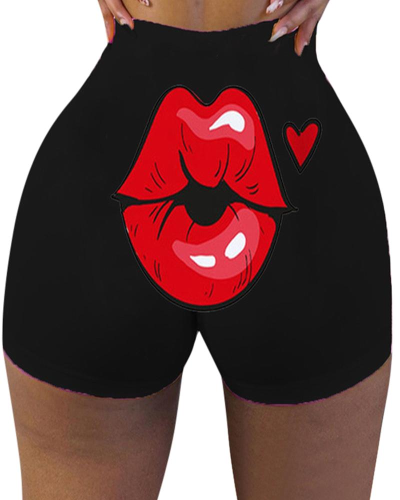 

Lip Heart Print High Waist Butt Lifting Yoga Shorts, Style2