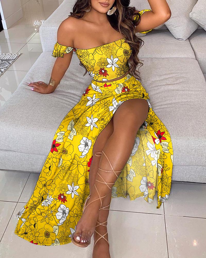 

Off Shoulder Floral Print Ruffles Top & High Slit Maxi Skirt Set, Yellow