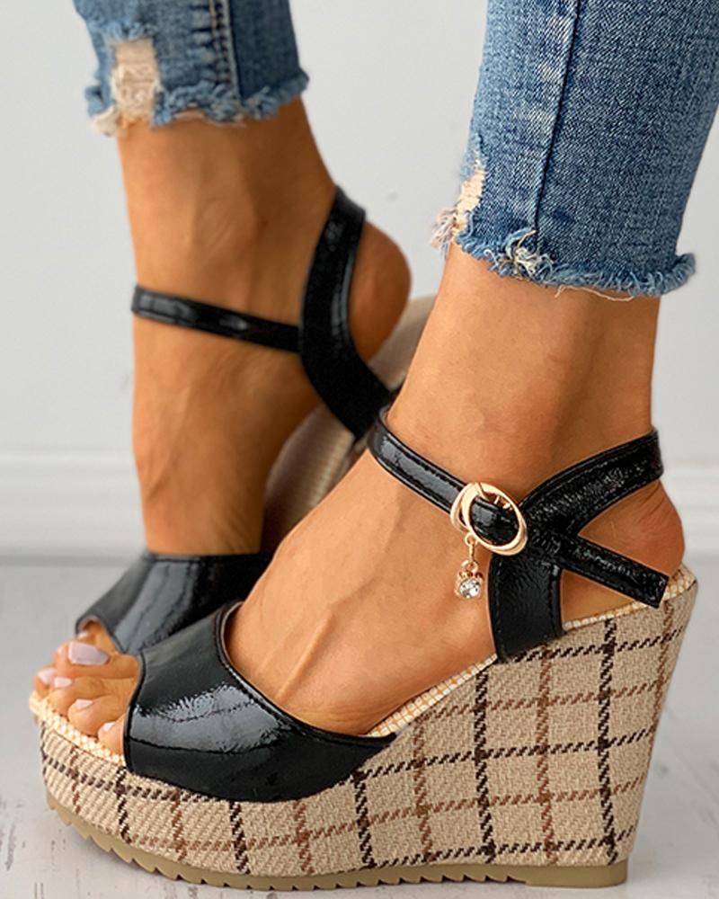 

Plaid Peep Toe Buckled Rhinestone Decor Wedge Sandals, Black