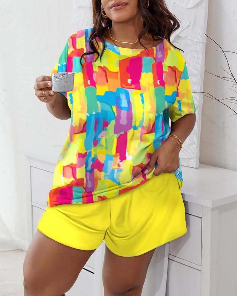 

Plus Size Melting Colors All Over Print Pajamas Set, Yellow