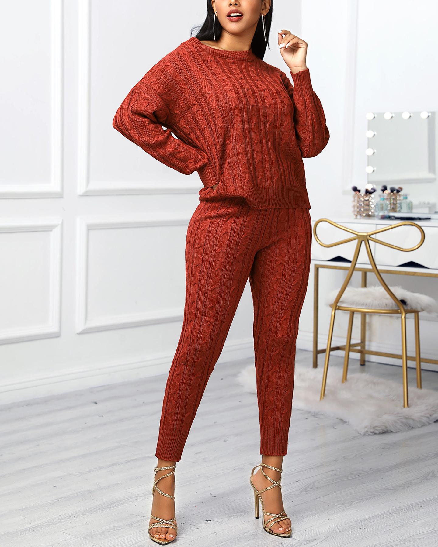 

Solid Ribbed Knitting Casual Sweater & Pants Sets, Wine red