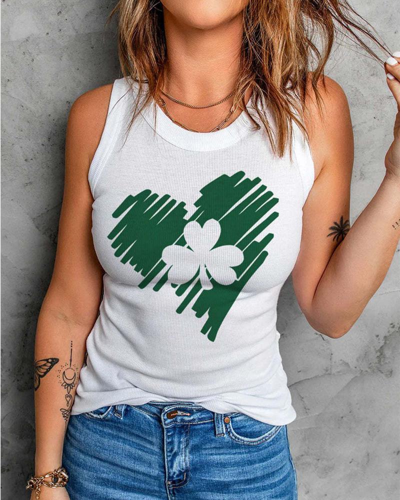 

St. Patrick' Day Lucky Shamrock Heart Print Tank Top, White