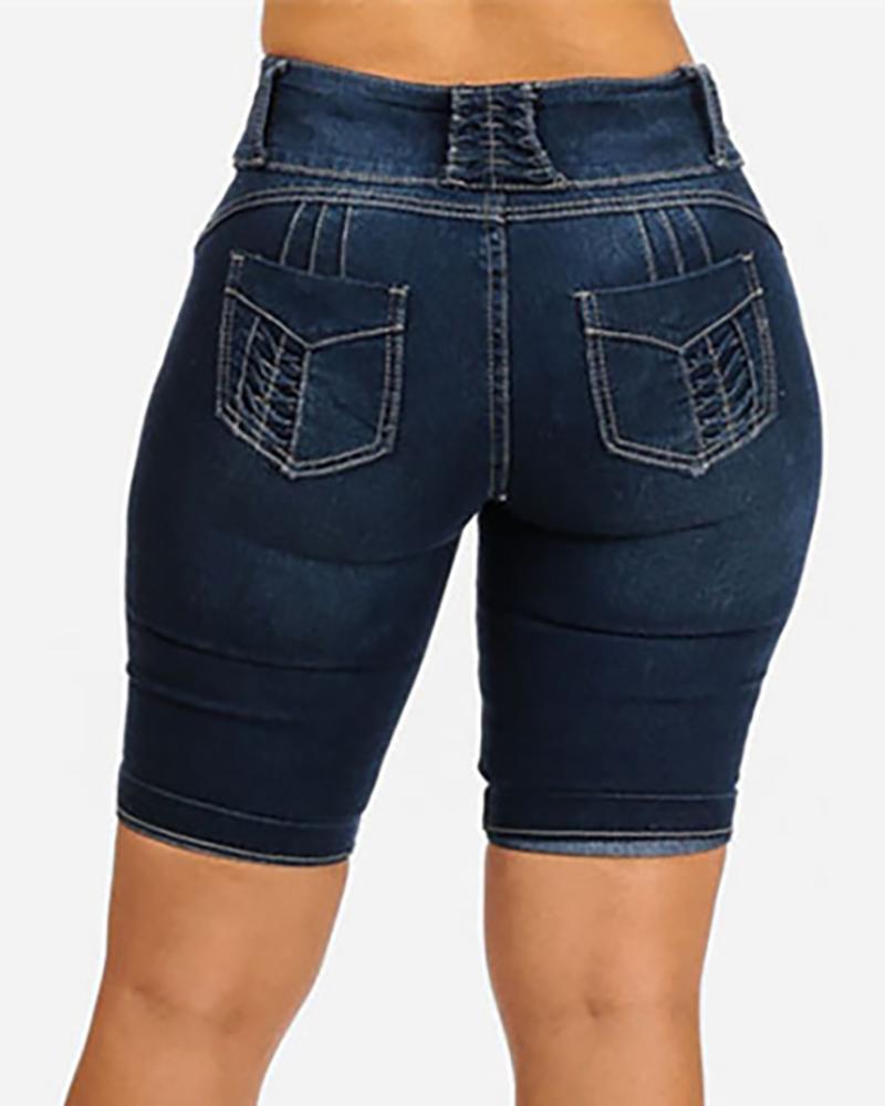 

Button Design High Waist Pockets Denim Shorts, Dark blue