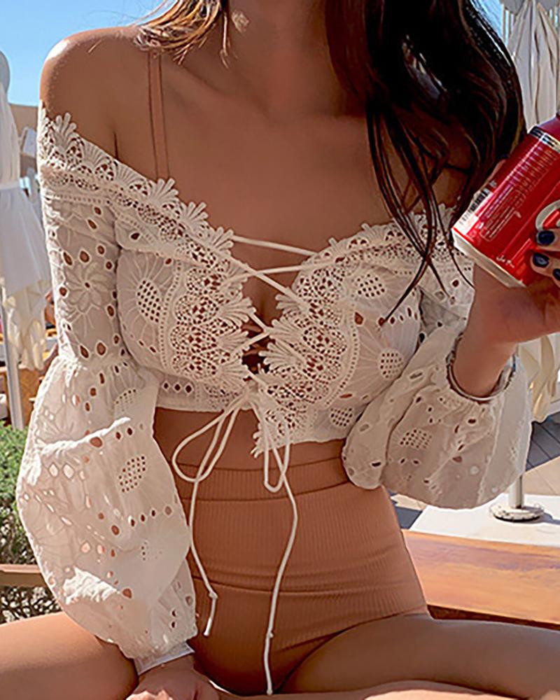 

Plain Lace-up Bikini Set With Eyelet Embroidery Lace Top, White