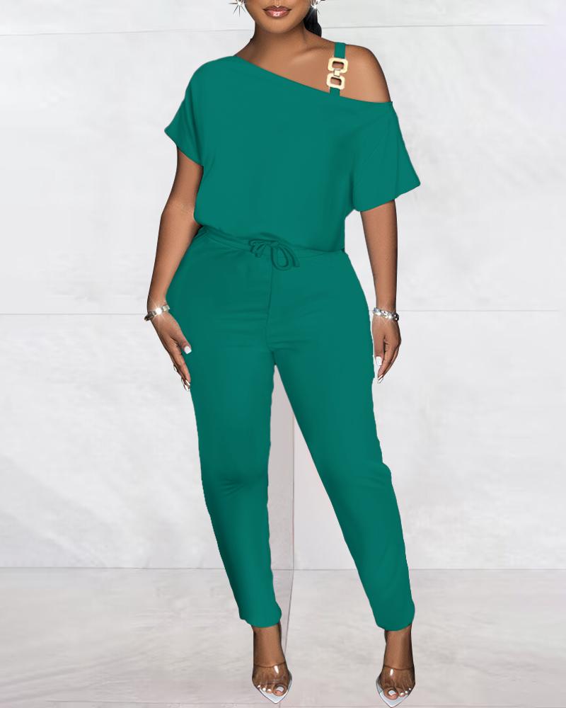 

Cold Shoulder Drawstring Chain Decor Jumpsuit, Green