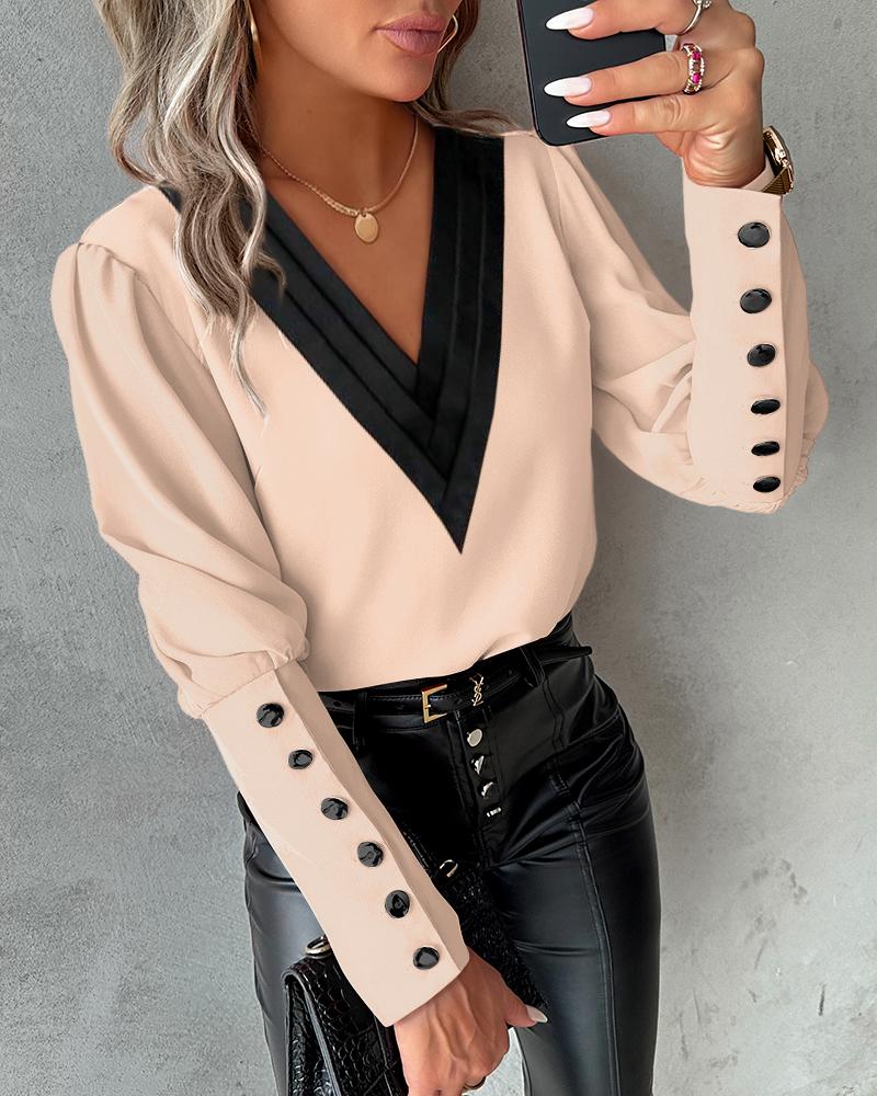 

Contrast Paneled Gigot Sleeve Buttoned Top, Apricot