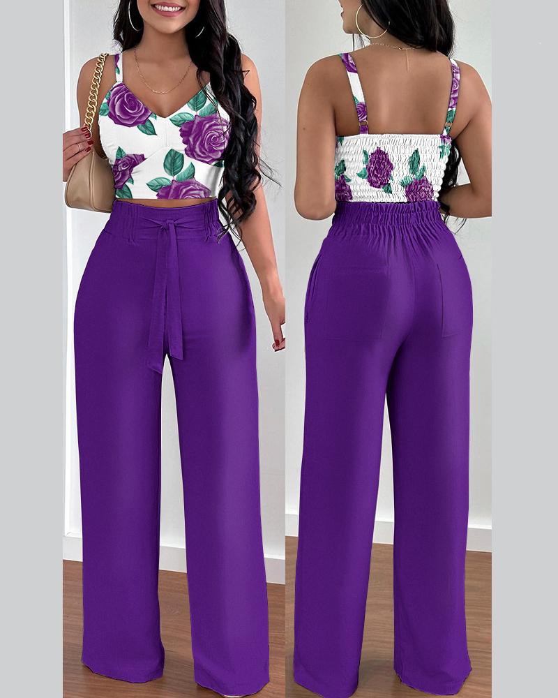 Floral Print Shirred Crop Top & High Waist Pants Set