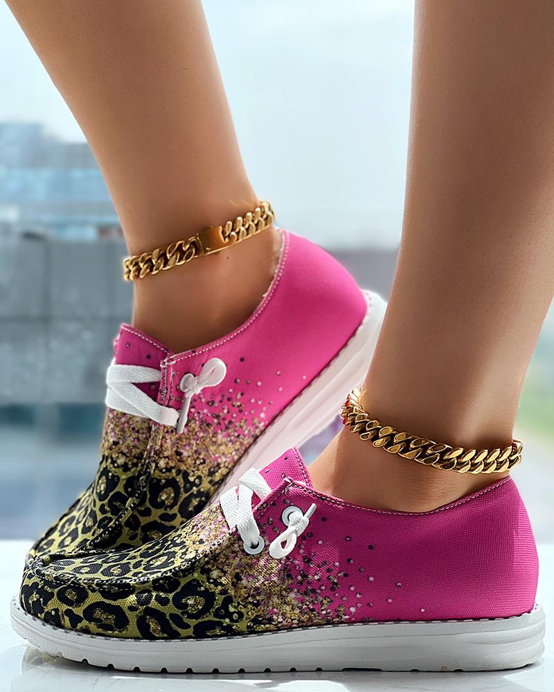 

Contrast Leopard Print Lace-up Slip-On Loafers, Hot pink
