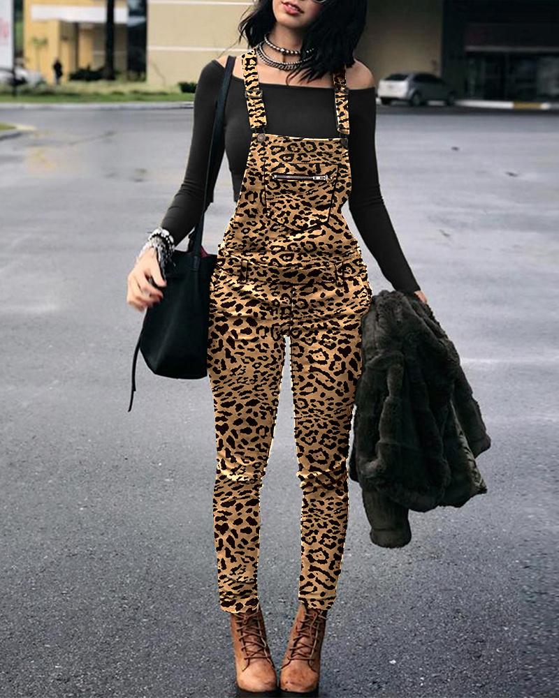 

Leopard Print Flag Pocket Pinafore Pants