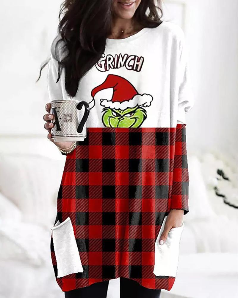 

Christmas Grinches Plaid Print Pocket Design Casual Dress, Red
