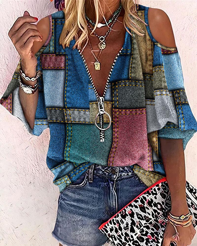 

Denim Look Print Zip Front Cold Shoulder Top, Multicolor