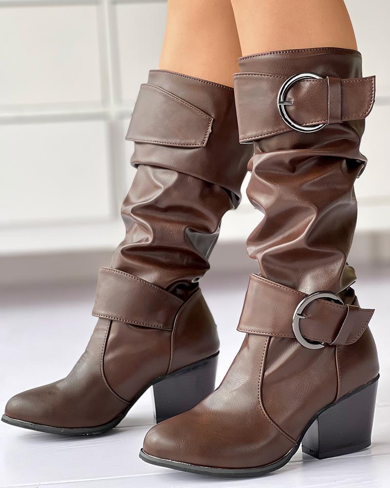 

Buckled Chunky Heel Ruched Calf Boots, Coffee