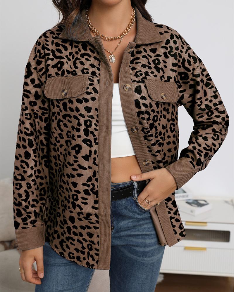 

Leopard Print Long Sleeve Button Down Shacket, Brown