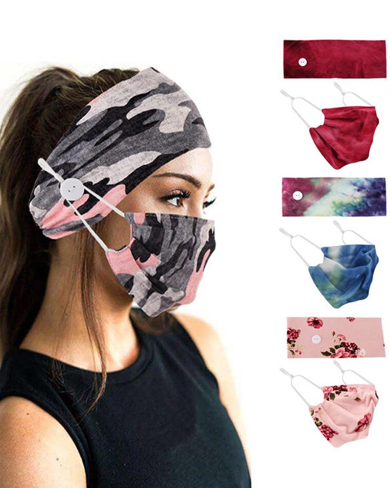 

Button Wide Headband Elastic Facemask Holder With Mouth Mask, Gray