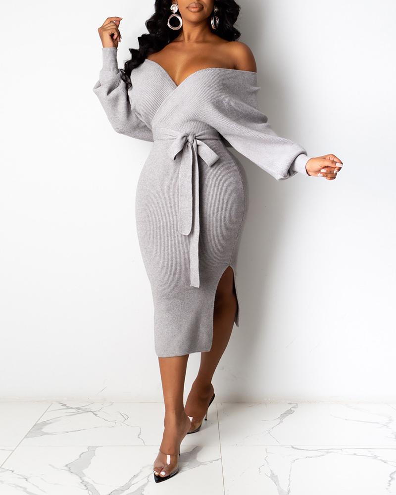 

Backless Ribbed Long Sleeve Casual Dress, Gray