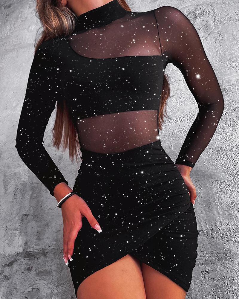 

Glitter Contrast Mesh Ruched Long Sleeve Bodycon Dress, Black