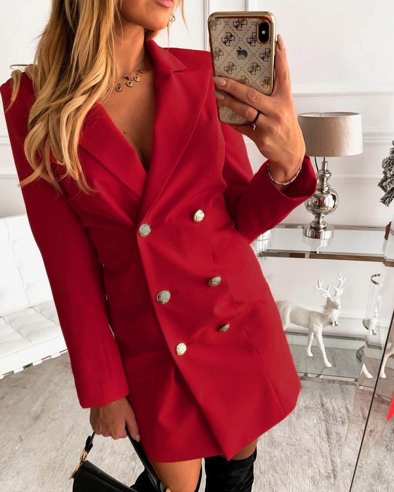 

Long Sleeve Lapel Collar Double Breasted Blazer, Red