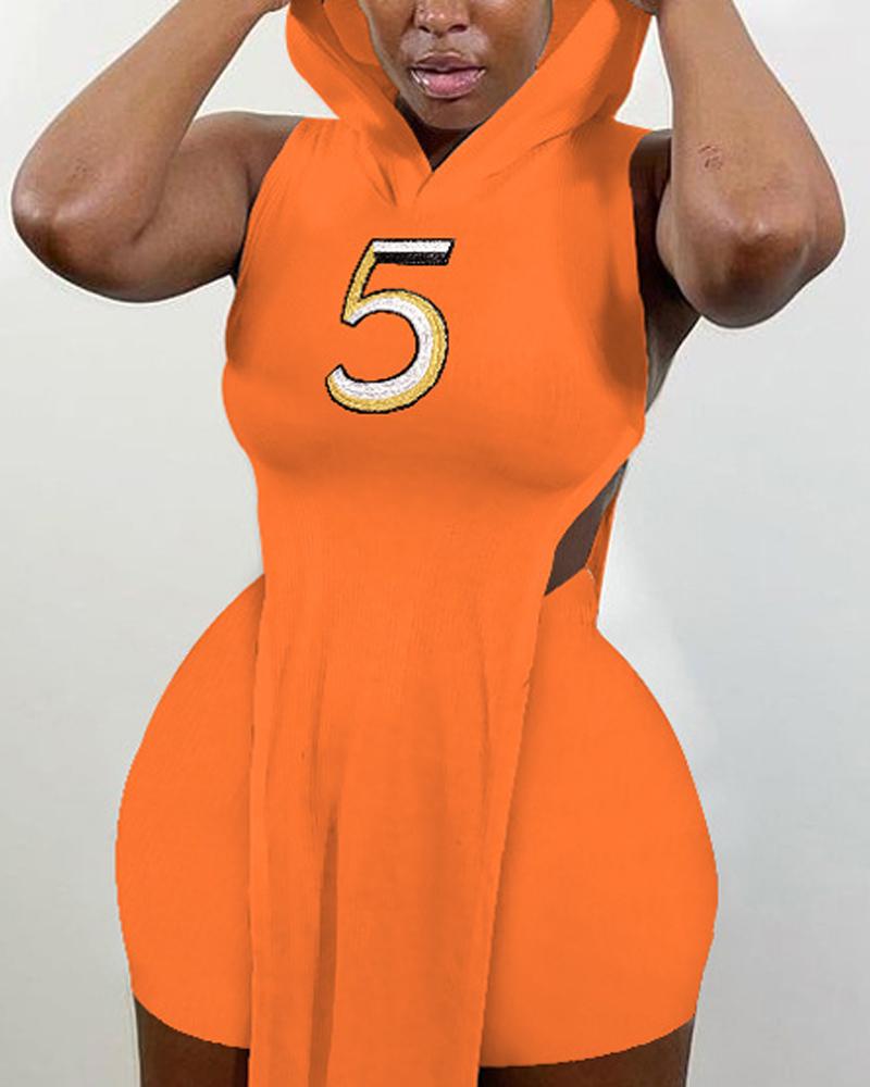 

Number Embroidery Split Hem Hooded Top & Shorts Set, Orange