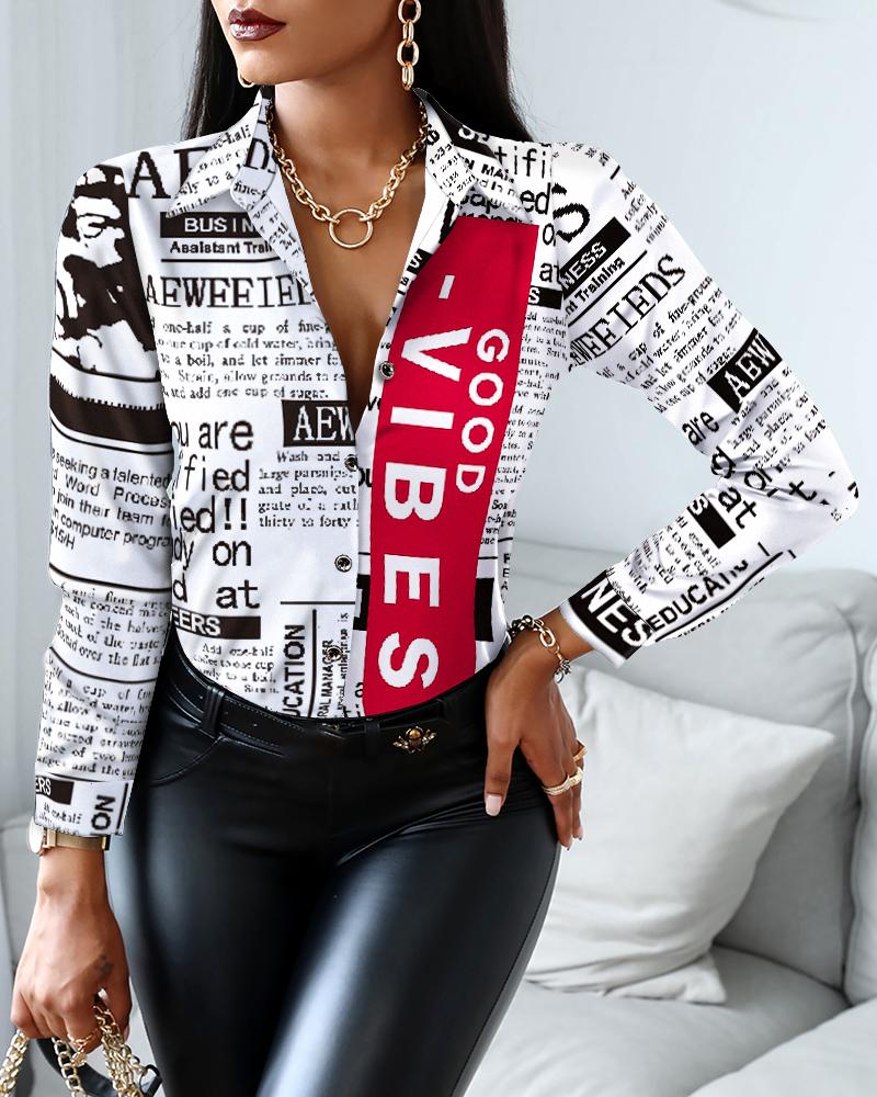

Newspaper Print Long Sleeve Button Through Top, White