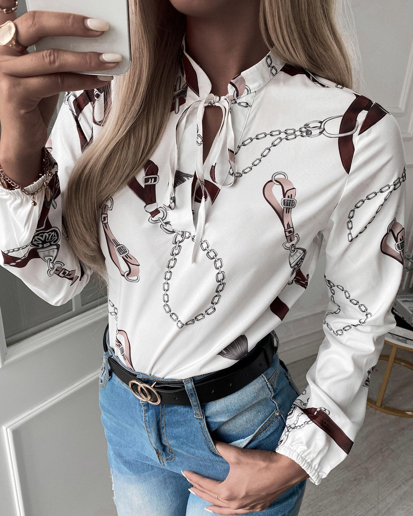 

Chain Print Tied Long Sleeve Shirt, White