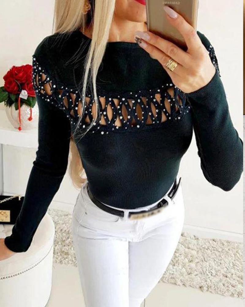 

Rhinestone Cutout Front Long Sleeve Skinny Top, Black