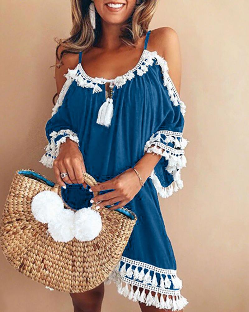 

Tassel Design Cold Shoulder Casual Dress, Blue