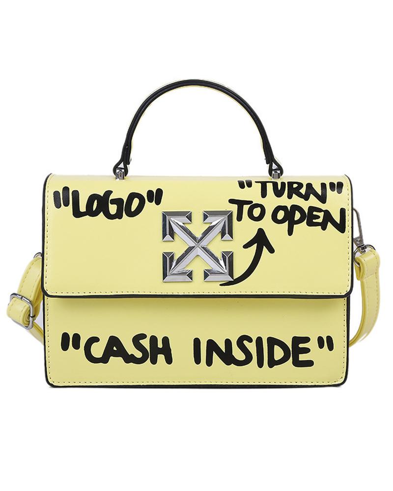 

Letter Print Flap Satchel Bag, Yellow