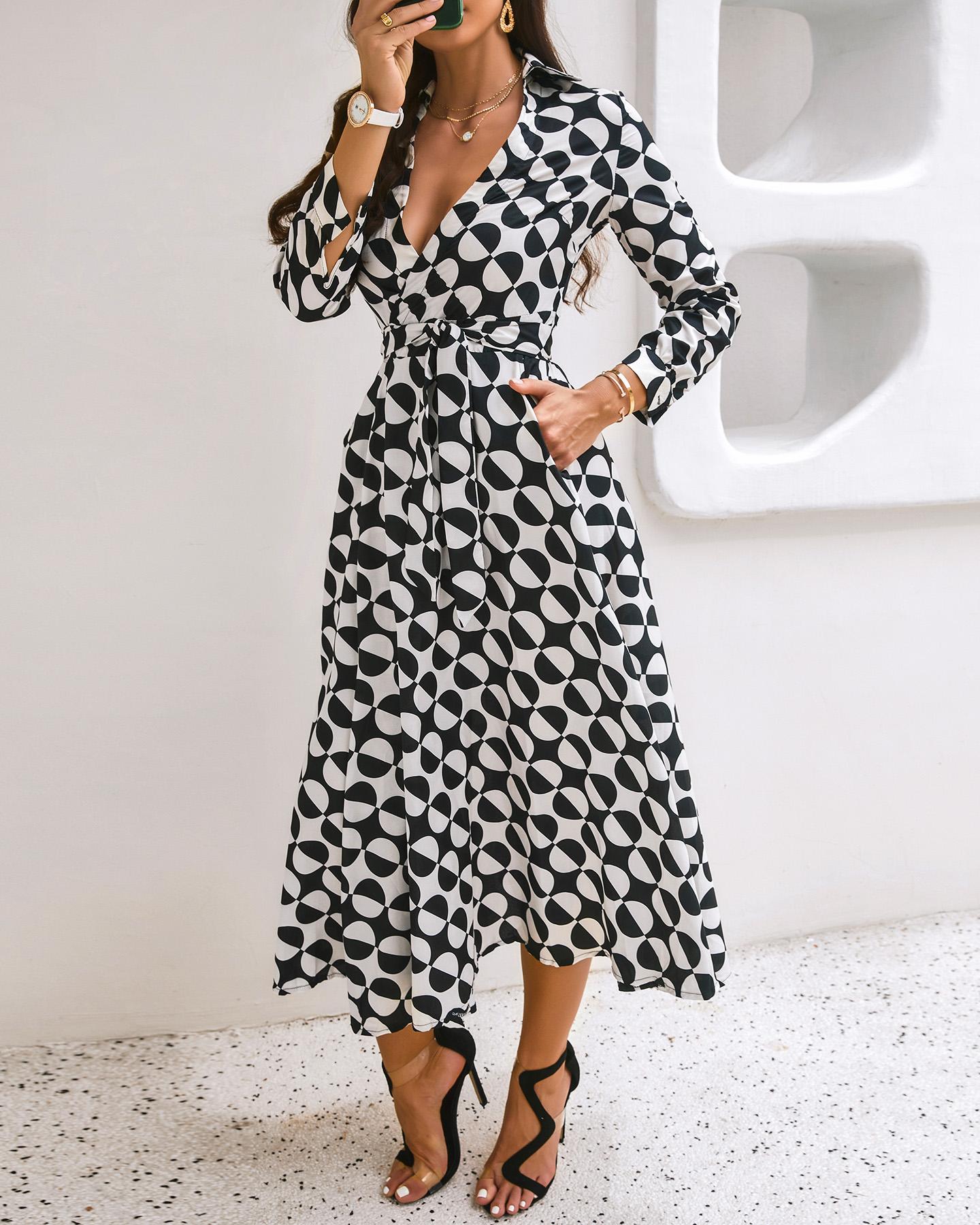 

Geo Pattern Print Colorblock Long Sleeve Wrap Dress, Black