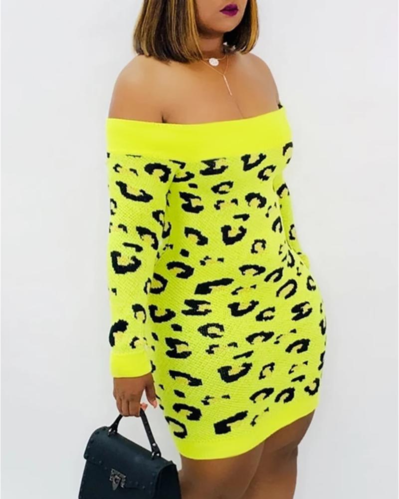 

Cheeath Print Off Shoulder Long Sleeve Bodycon Dress, Yellow