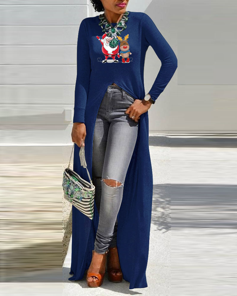 

Christmas Letter Santa Claus Print High Split Longline Top, Blue