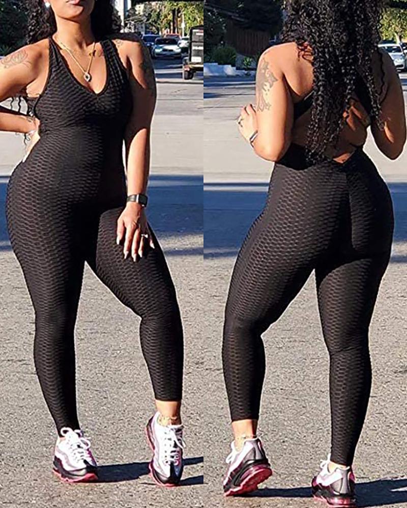 

Butt Lifting Stretchy Textured Backless Yoga Jumpsuit, Black
