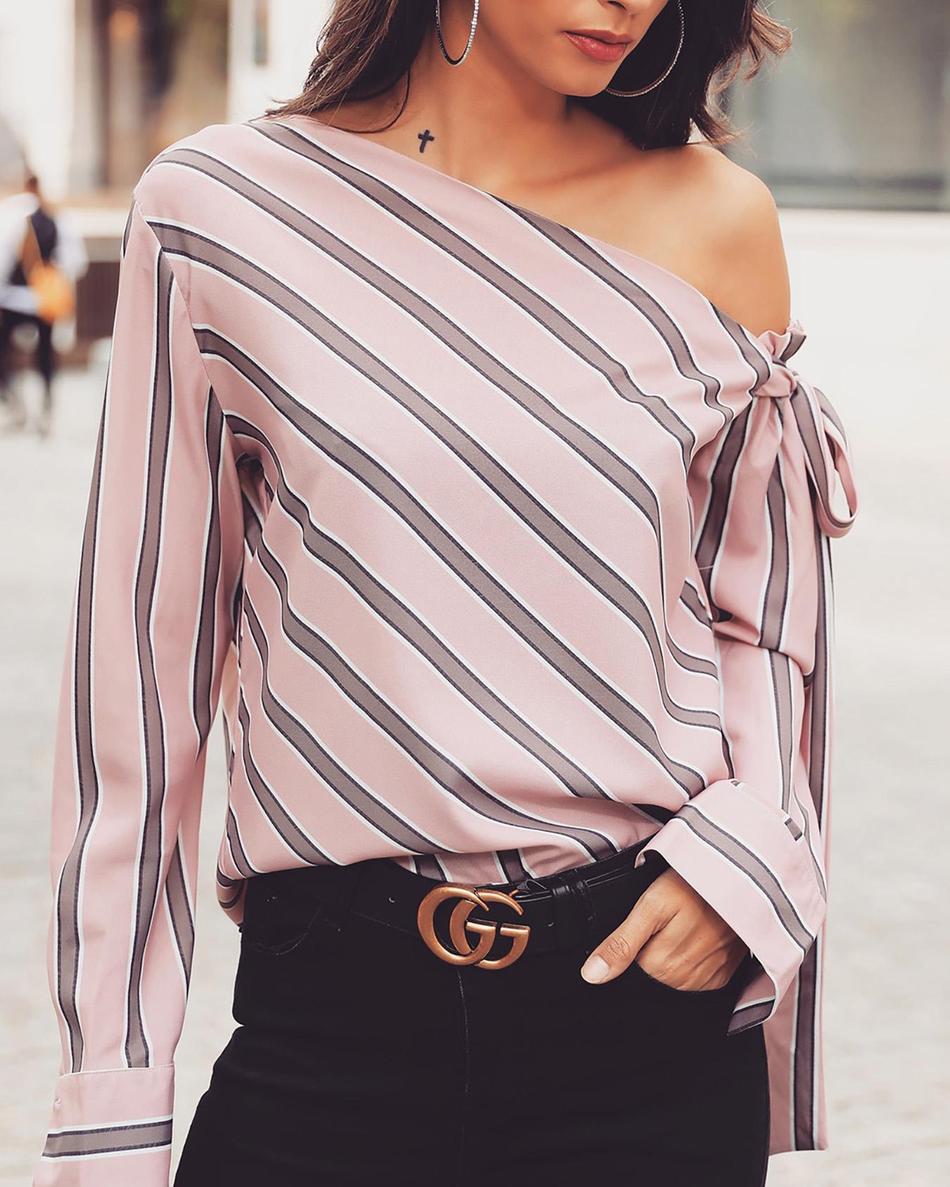 

Stripes Skew Neck Knotted Sleeve Blouse, Pink