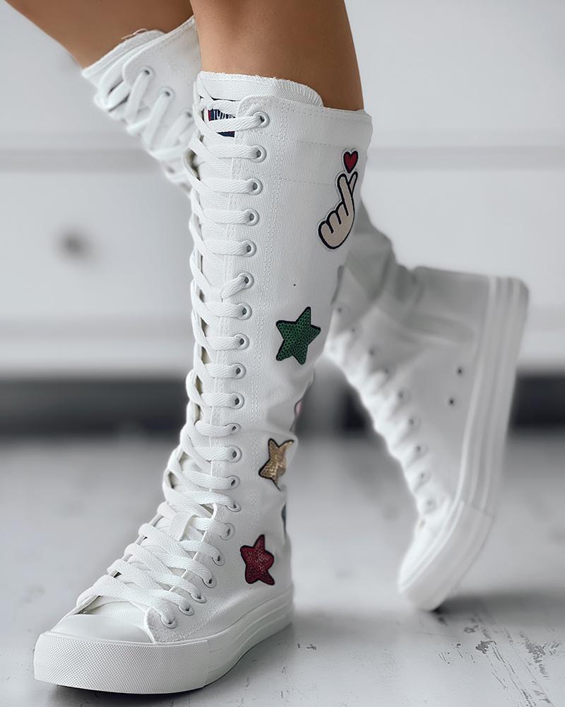 

Sequin Star Pattern Lace-up Canvas Boots, White
