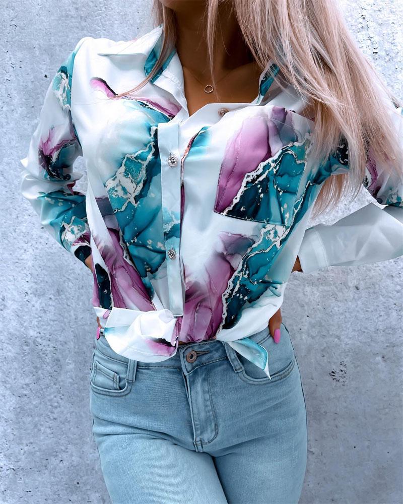 

Marble Print Pocket Detail Button Down Shirt, White