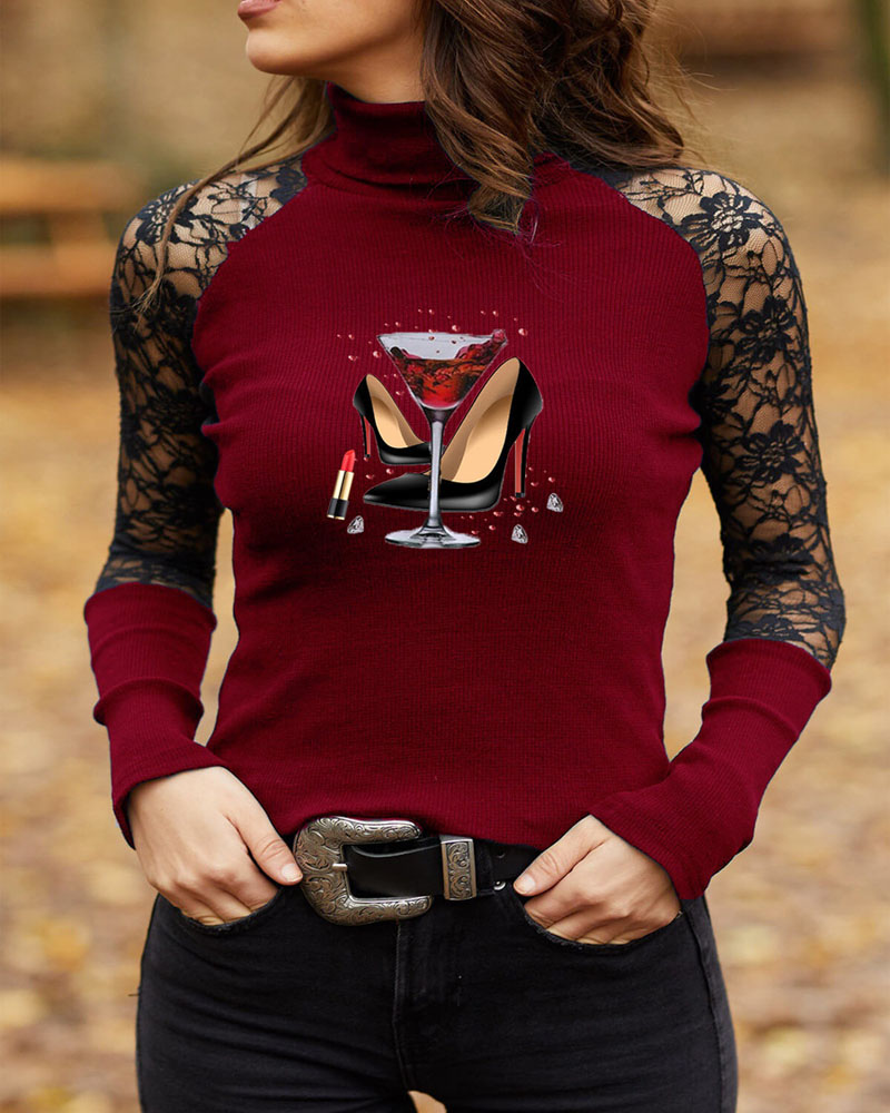 

Graphic Print Contrast Lace Long Sleeve Ribbed Top, Red