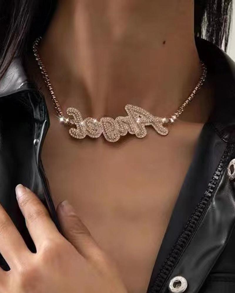 

1PCS Letter Shaped Allover Rhinestone Choker Necklace, Gold