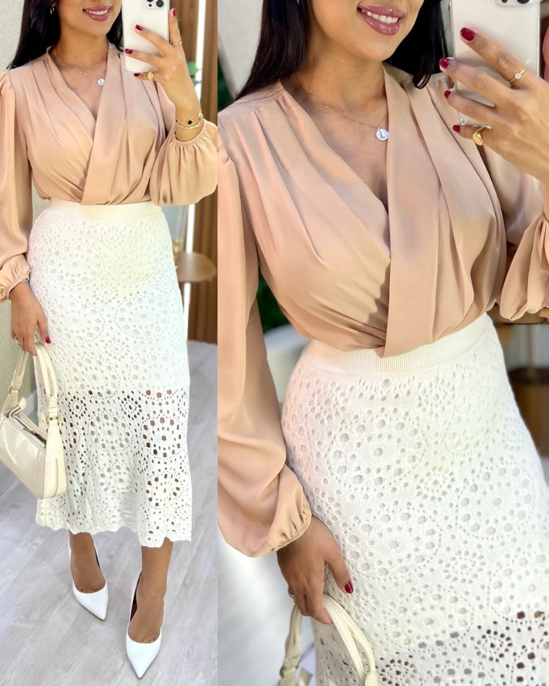 

Casual Hollow-out Crochet Mid-Calf Skirt, White