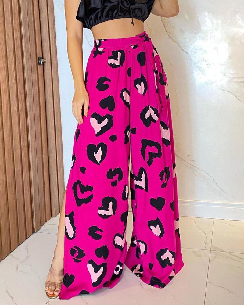 

Heart Pattern Cheetah Print Slit Wide Leg Pants, Pink